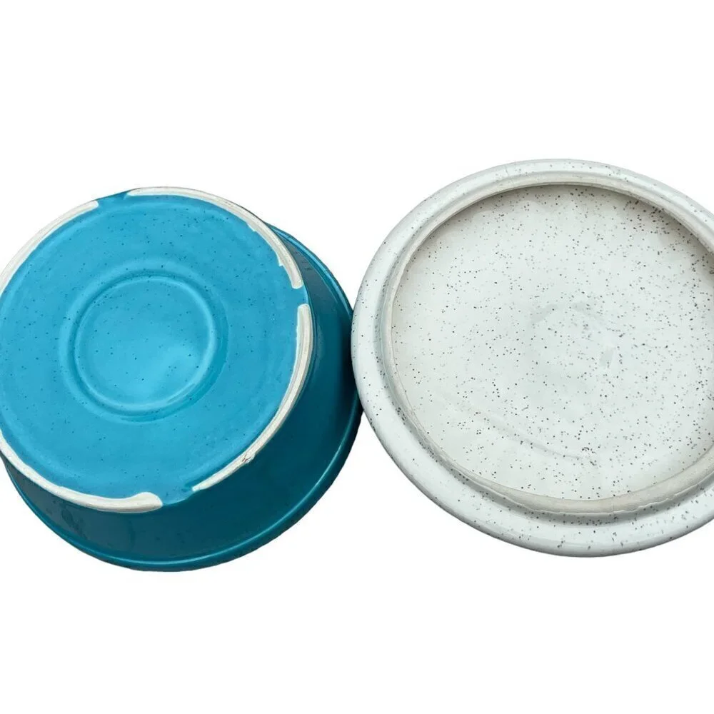 MCM Retro Speckled Turquoise Aqua Seafoam and White Daisy Covered Bowl with Lid